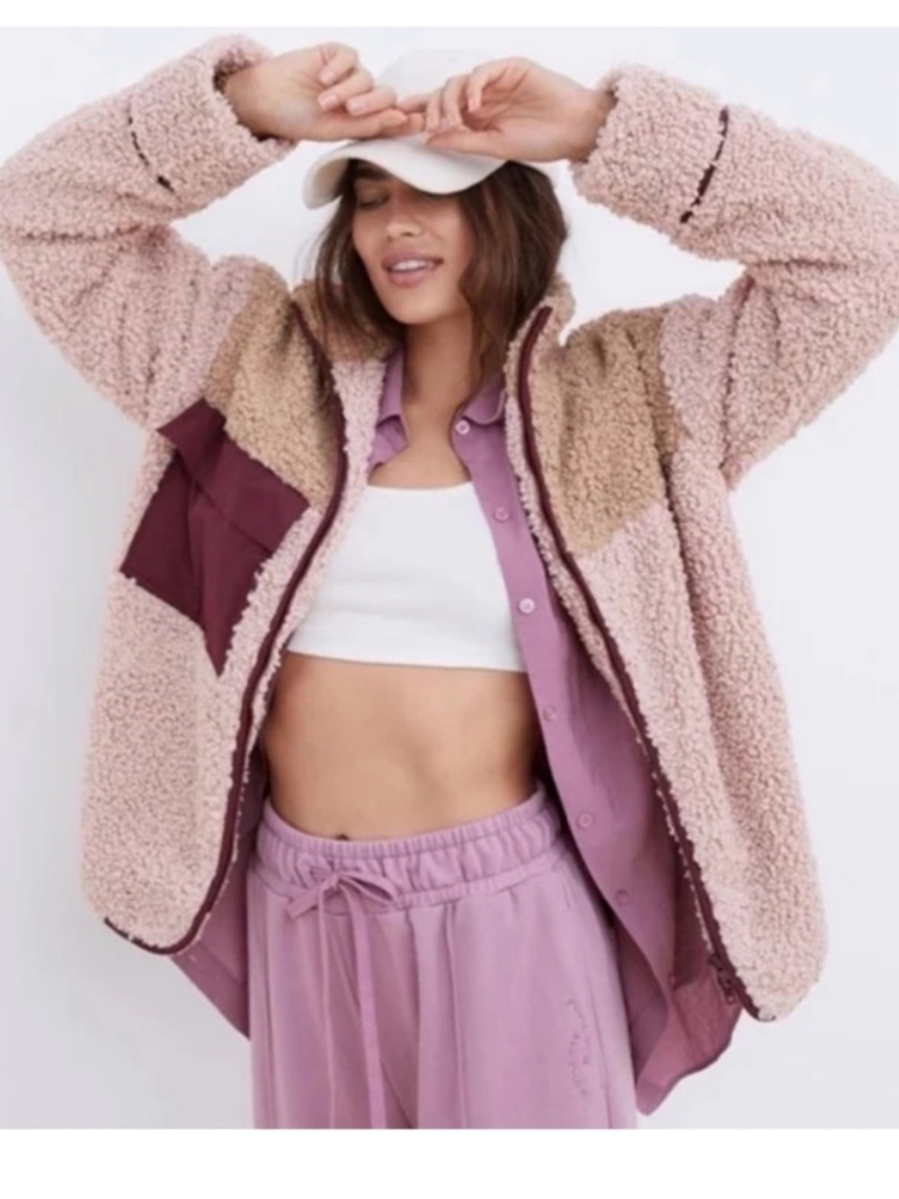 For Love And Lemons Pink Teddy Sherpa Jacket with Maroon Pocket Sz M
